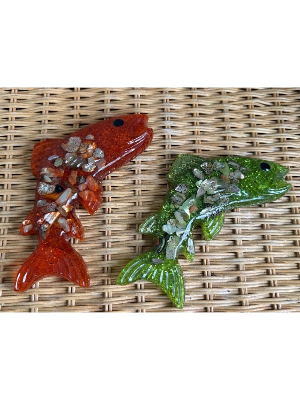 Vintage 50's Lucite Orange & Green Wall Decor Fish With Shells Glitter Kitsch